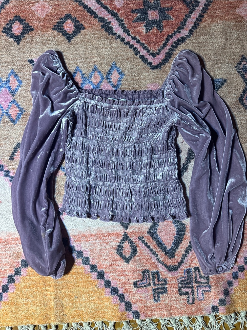 Anthropologie Lavender Velvet Smocked Long Sleeve Top Size Small